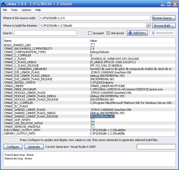 view of CMake on zlib-1.2.5